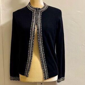 Vintage 60’s Black Cardigan Trimmed In Pearl & Beads Made In Hong Kong by Vic